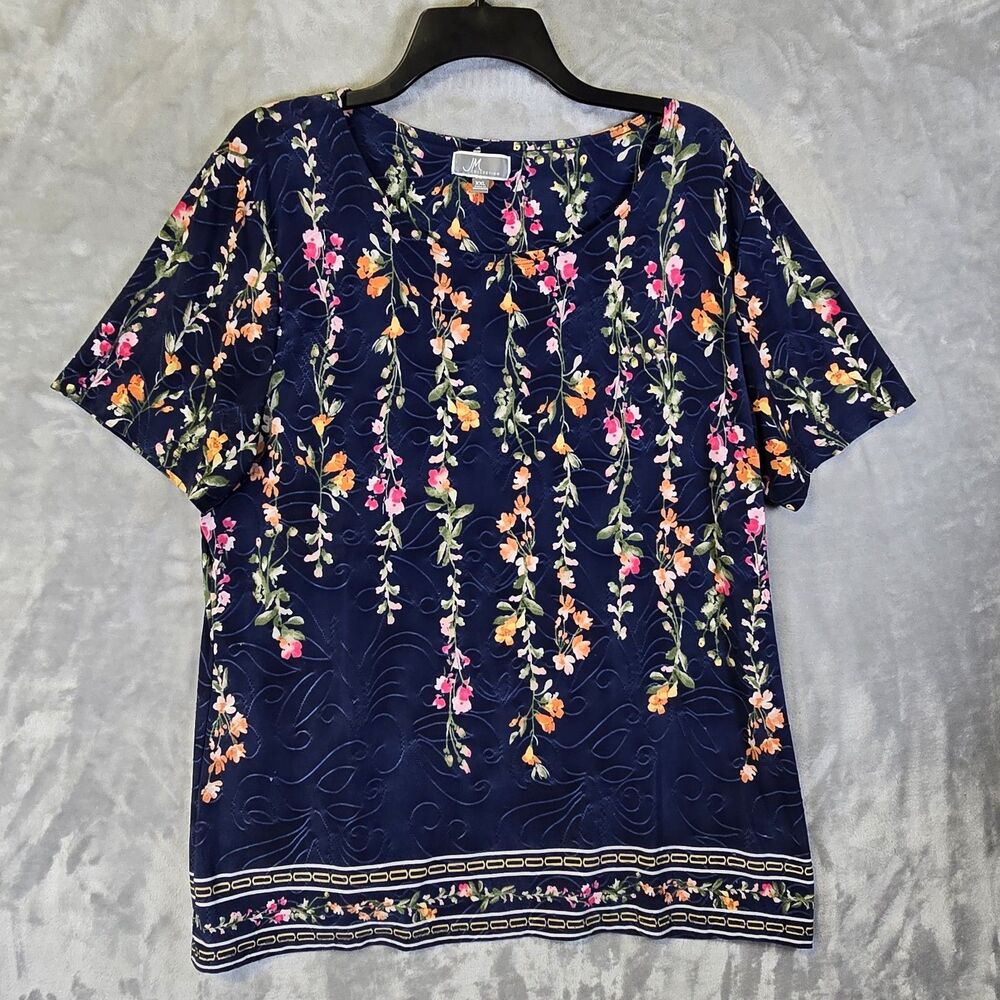J & M Collection Shirt Top Blouse XXL Navy Blue Floral Lightweight Textured